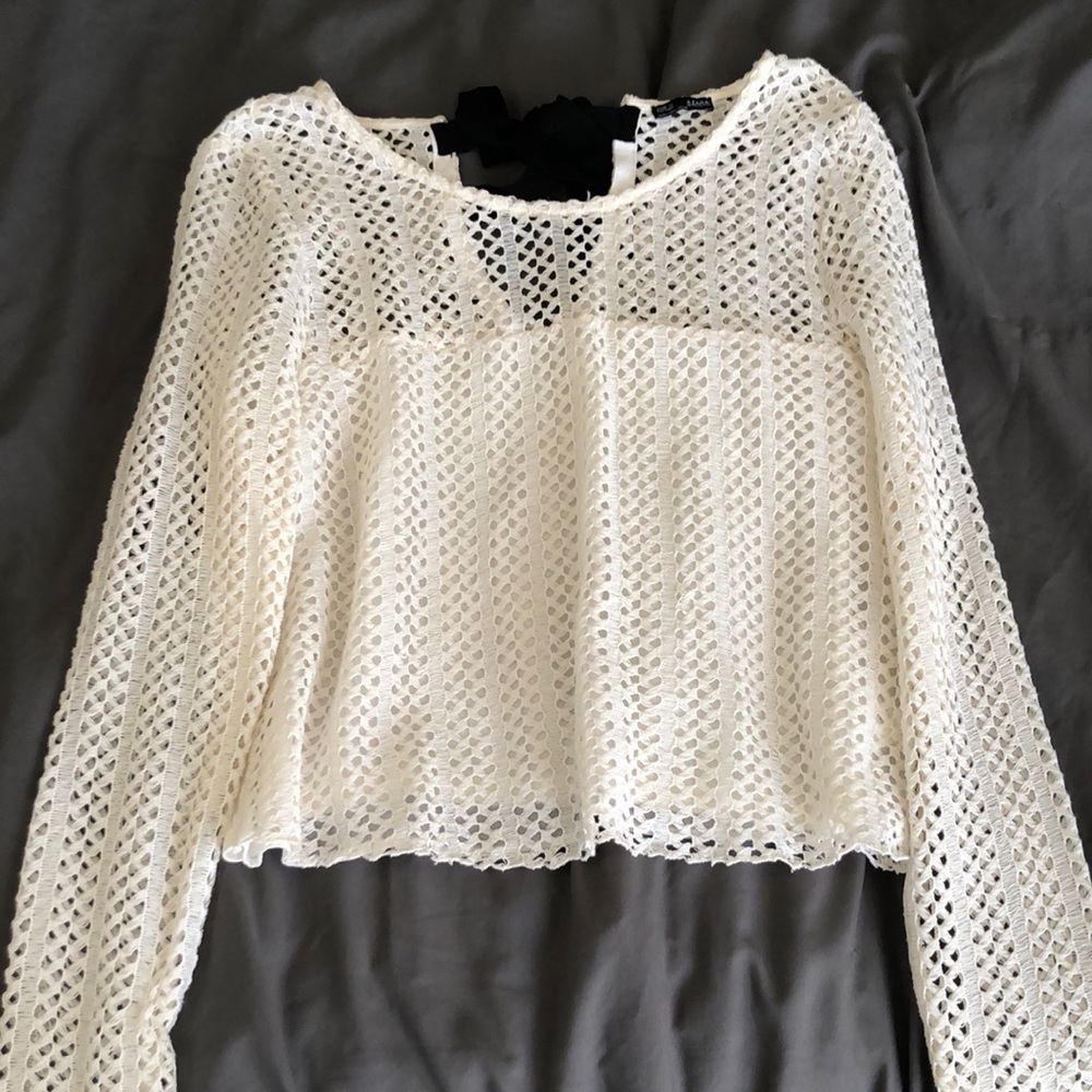 Zara Long Sleeve White Mesh Blouse